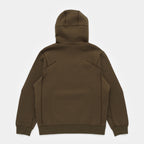 Olive Pit | Back An olive brown hooded sweatshirt shown from the back, featuring a flat back design with subtle seam detailing, ribbed cuffs, and a ribbed hem, photographed against a light gray background.