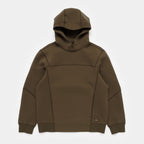 Olive Pit | Front An olive green hooded sweatshirt with a unique panelized design and ribbed cuffs, shown flat on a light gray background.