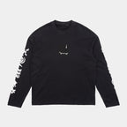 Ink Black | Front Black Westbeach long sleeve tee with a black heritage graphic featuring a light bulb, a skateboard board, and classic Westbeach iconography on the sleeves. 