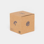 Brown cardboard box with blue logo on a white background