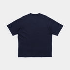 Deepwater Navy | Back A dark navy blue short-sleeve t-shirt shown from the back, laid flat against a light gray background.