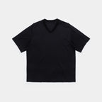Ink Black | Front A black short-sleeve V-neck t-shirt laid flat against a light gray background.