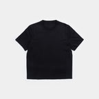 Ink Black | Front A black short-sleeve crewneck t-shirt laid flat against a light gray background.