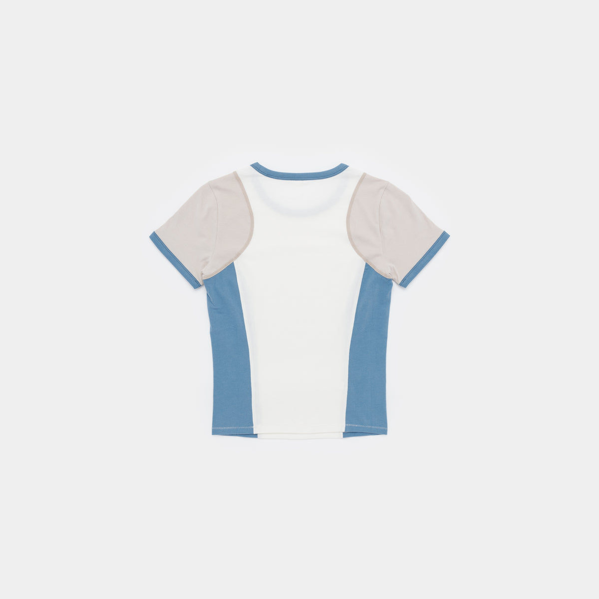 A short-sleeve ringer t-shirt with a white body, light beige shoulder panels, and dusty blue side panels and collar trim, shown flat on a light gray background.