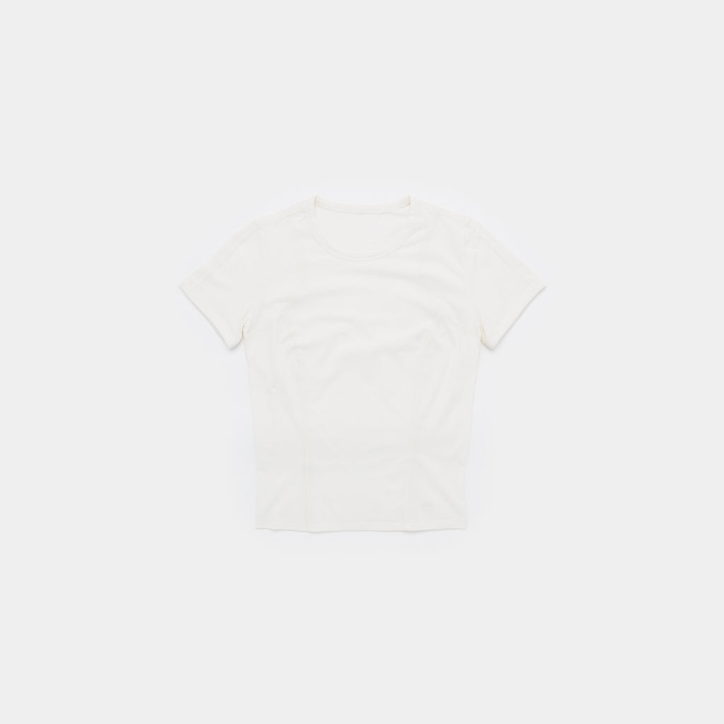 A short-sleeve crewneck t-shirt in off-white, laid flat against a solid white background.