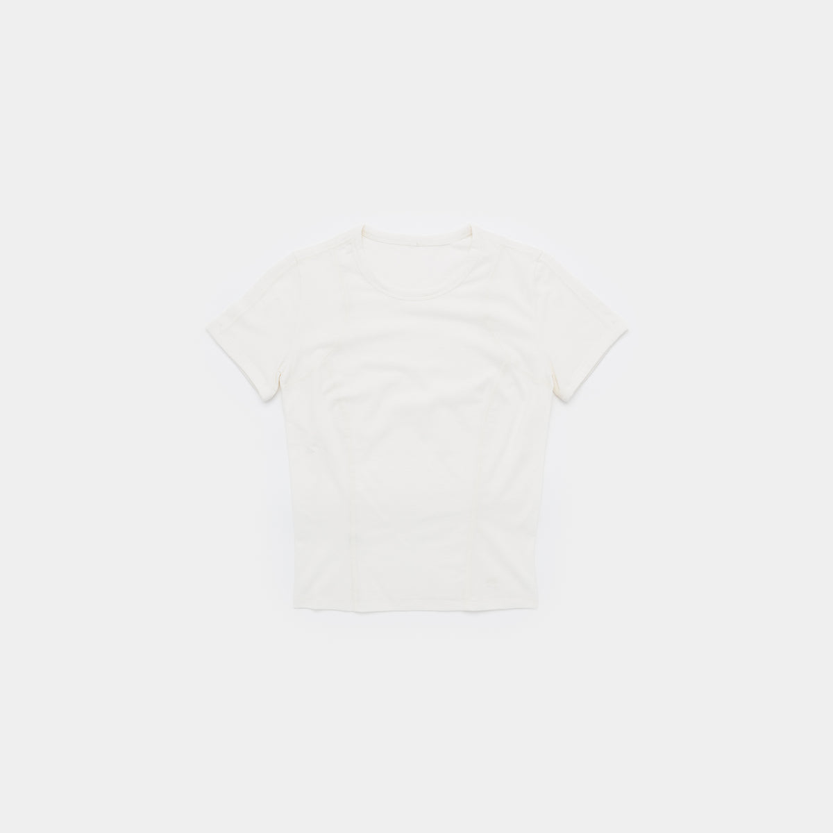 A short-sleeve crewneck t-shirt in off-white, laid flat against a solid white background.