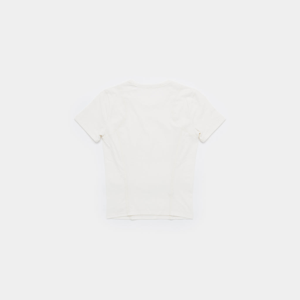 A plain white short-sleeve t-shirt shown from the back, laid flat against a solid white background.