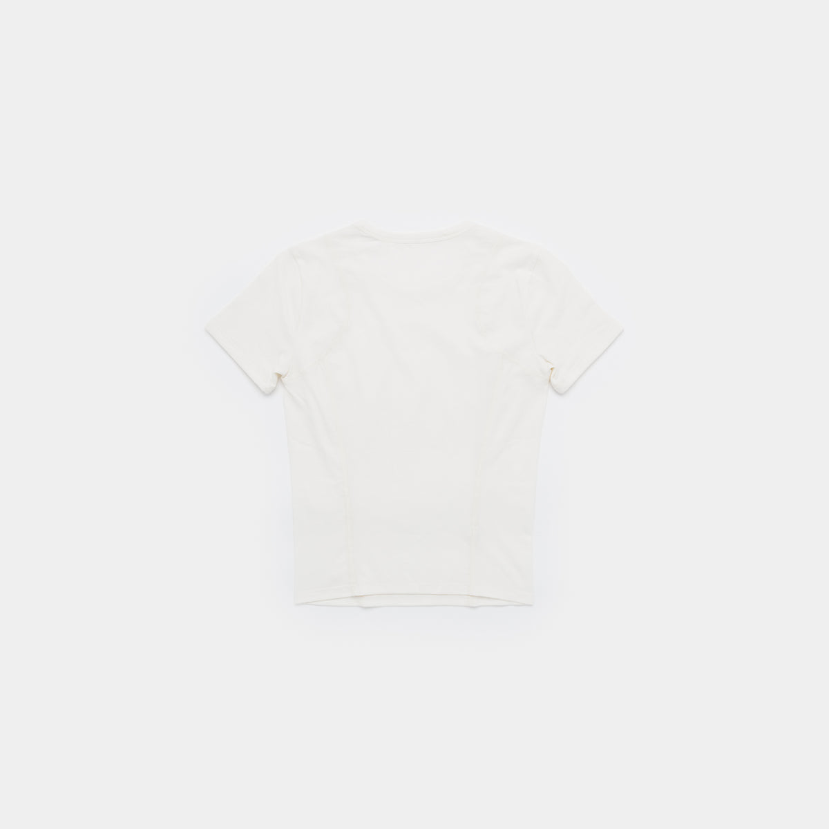 A plain white short-sleeve t-shirt shown from the back, laid flat against a solid white background.