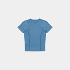 Frostbite Blue | Front A short-sleeve athletic t-shirt in a dusty medium blue color, laid flat against a light gray background.