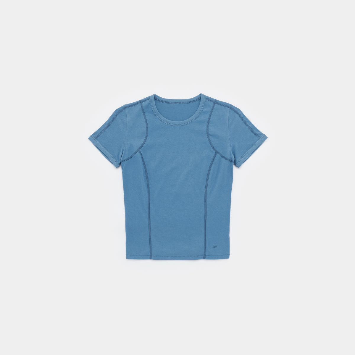 A short-sleeve athletic t-shirt in a dusty medium blue color, laid flat against a light gray background.