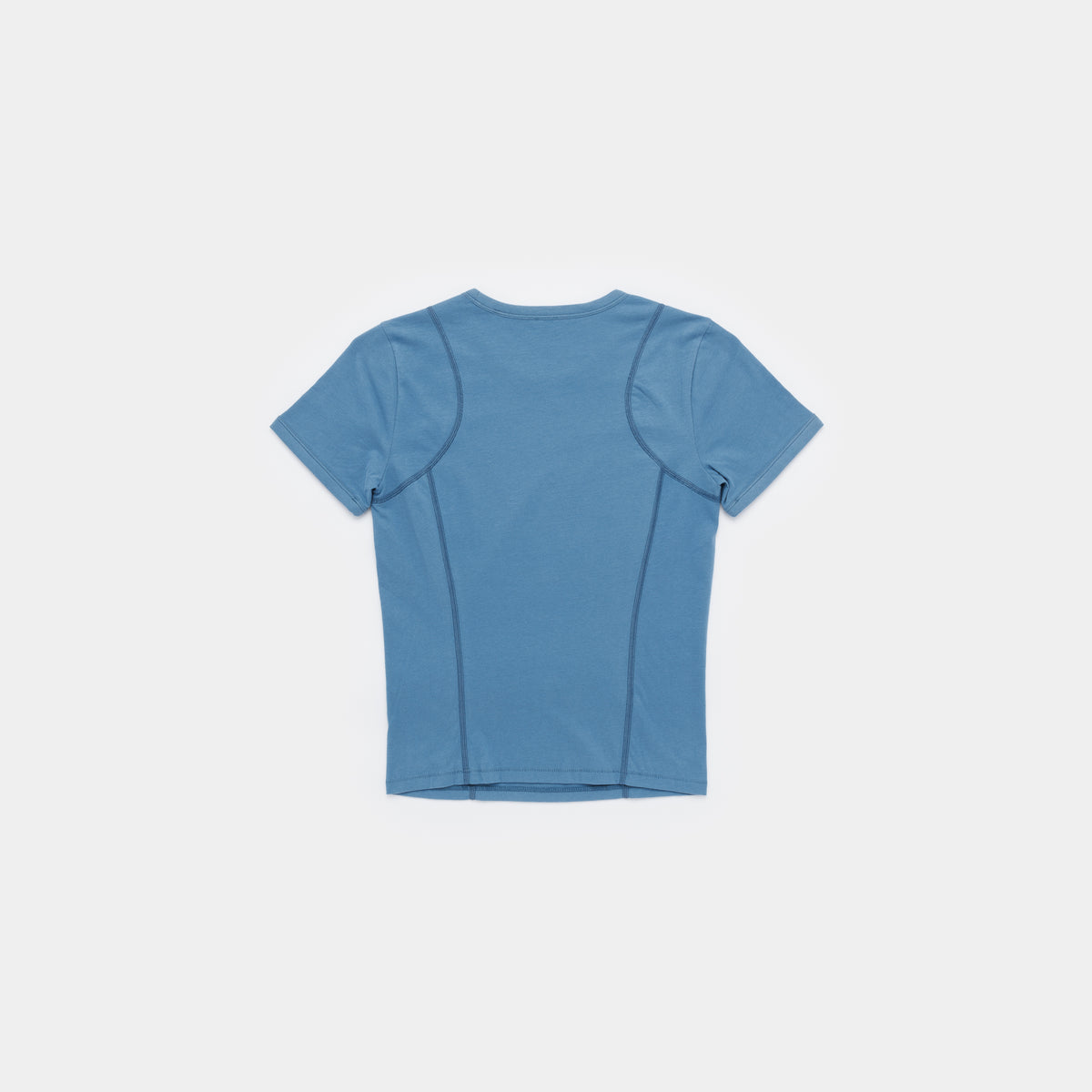 A short-sleeve athletic t-shirt shown from the back, featuring integrated seam panels and a crew neck, in a dusty medium blue color, displayed on a clean light gray background.