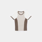 Silver Tip / Cabin Smoke / Cougar Milk | Front A short-sleeve athletic t-shirt with a colorblock design in beige, white, and brown, displayed flat against a light gray background.