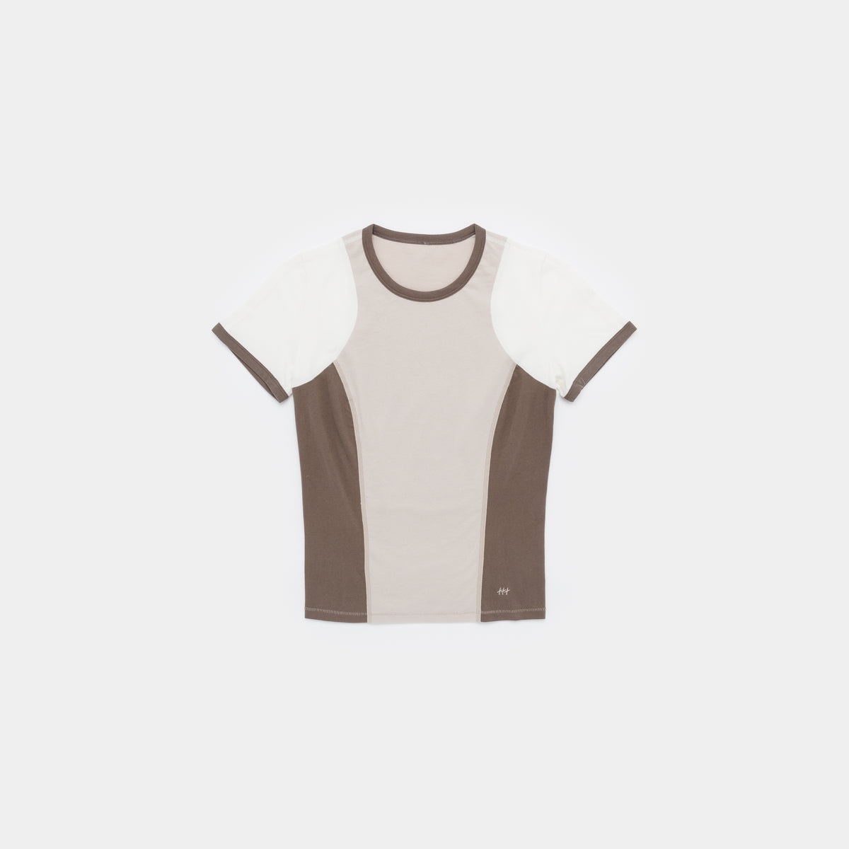 A short-sleeve athletic t-shirt with a colorblock design in beige, white, and brown, displayed flat against a light gray background.