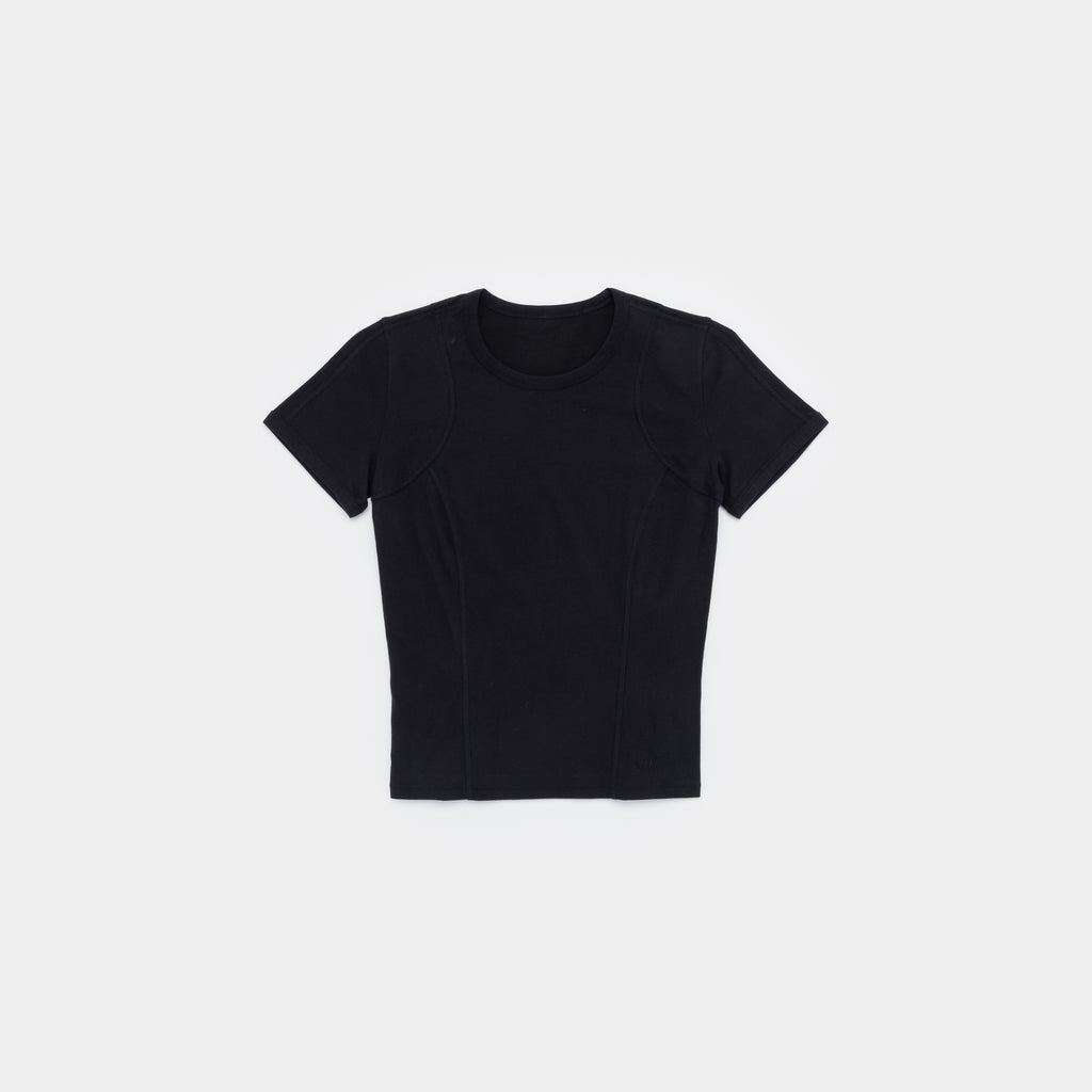 A black short-sleeve crewneck t-shirt with subtle seam detailing, presented flat against a light gray background.