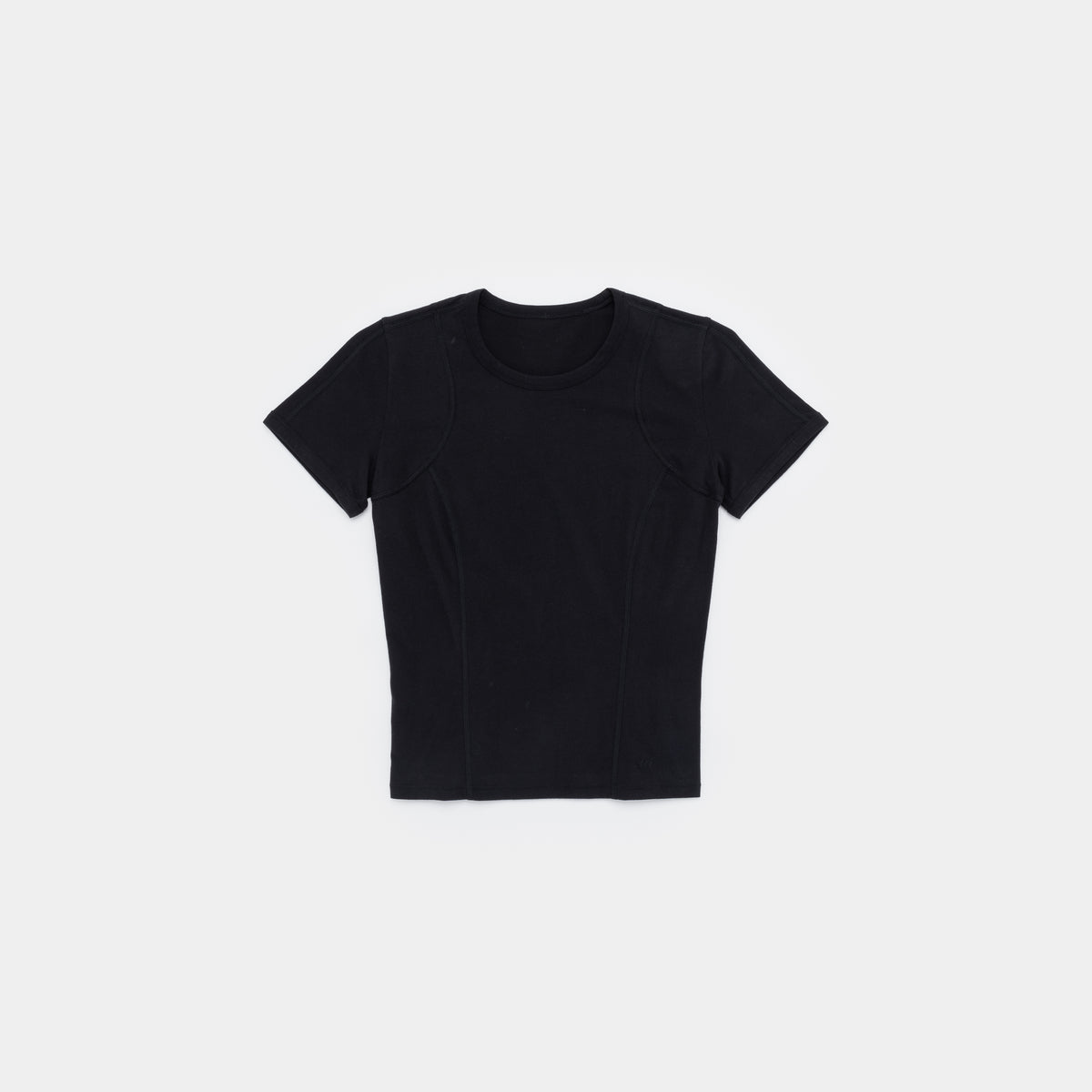 A black short-sleeve crewneck t-shirt with subtle seam detailing, presented flat against a light gray background.
