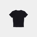 Ink Black | Back A black short-sleeve crop top with structured shoulder panels and front seam detailing, shown from the back on a light gray background.