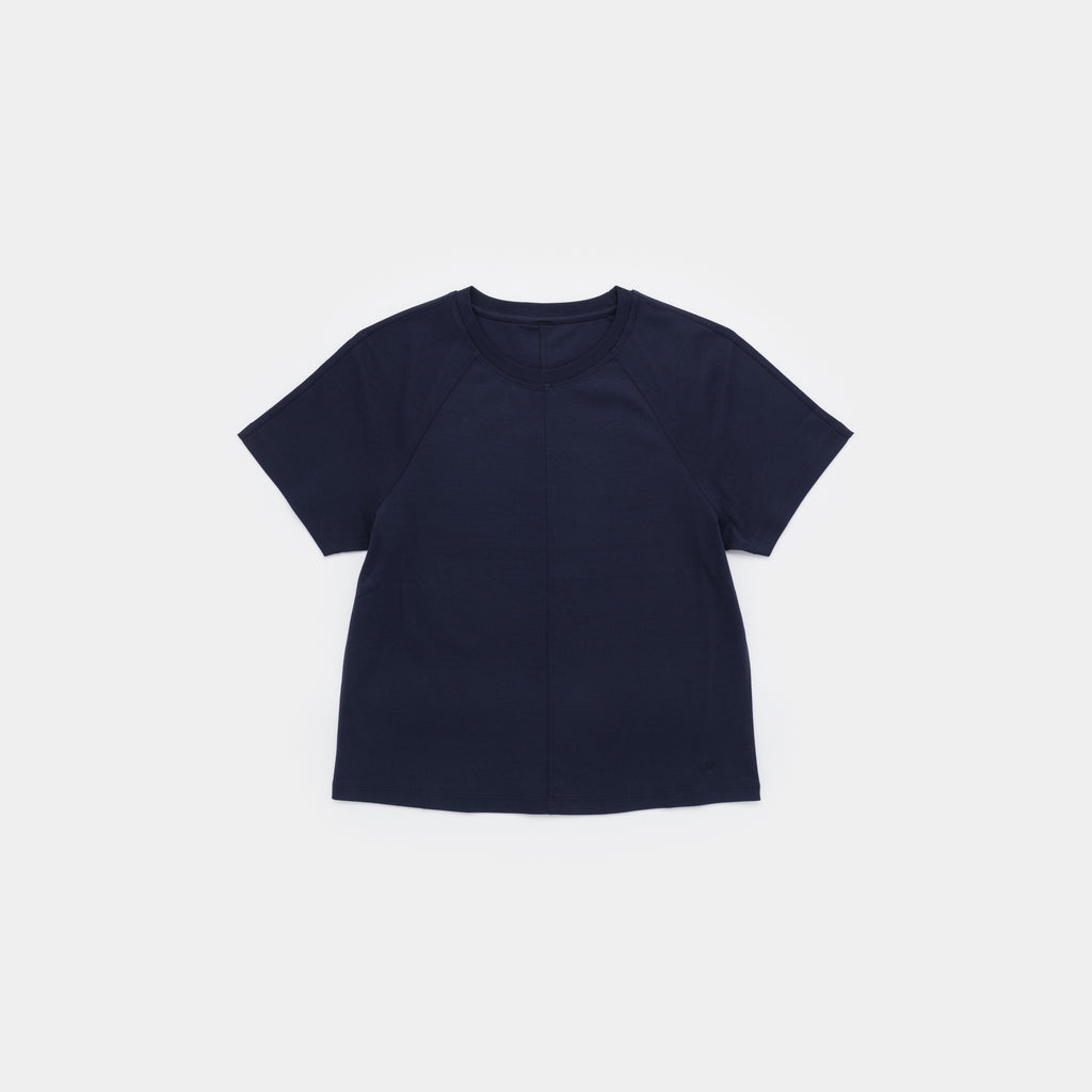 A dark navy blue short-sleeve crop top with raglan sleeves, laid flat against a light gray background.