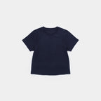 Deepwater Navy | Front A dark navy blue short-sleeve crop top with raglan sleeves, laid flat against a light gray background.