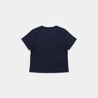 Deepwater Navy | Back A navy blue short-sleeve crop top shown from the back, laid flat against a light gray background.