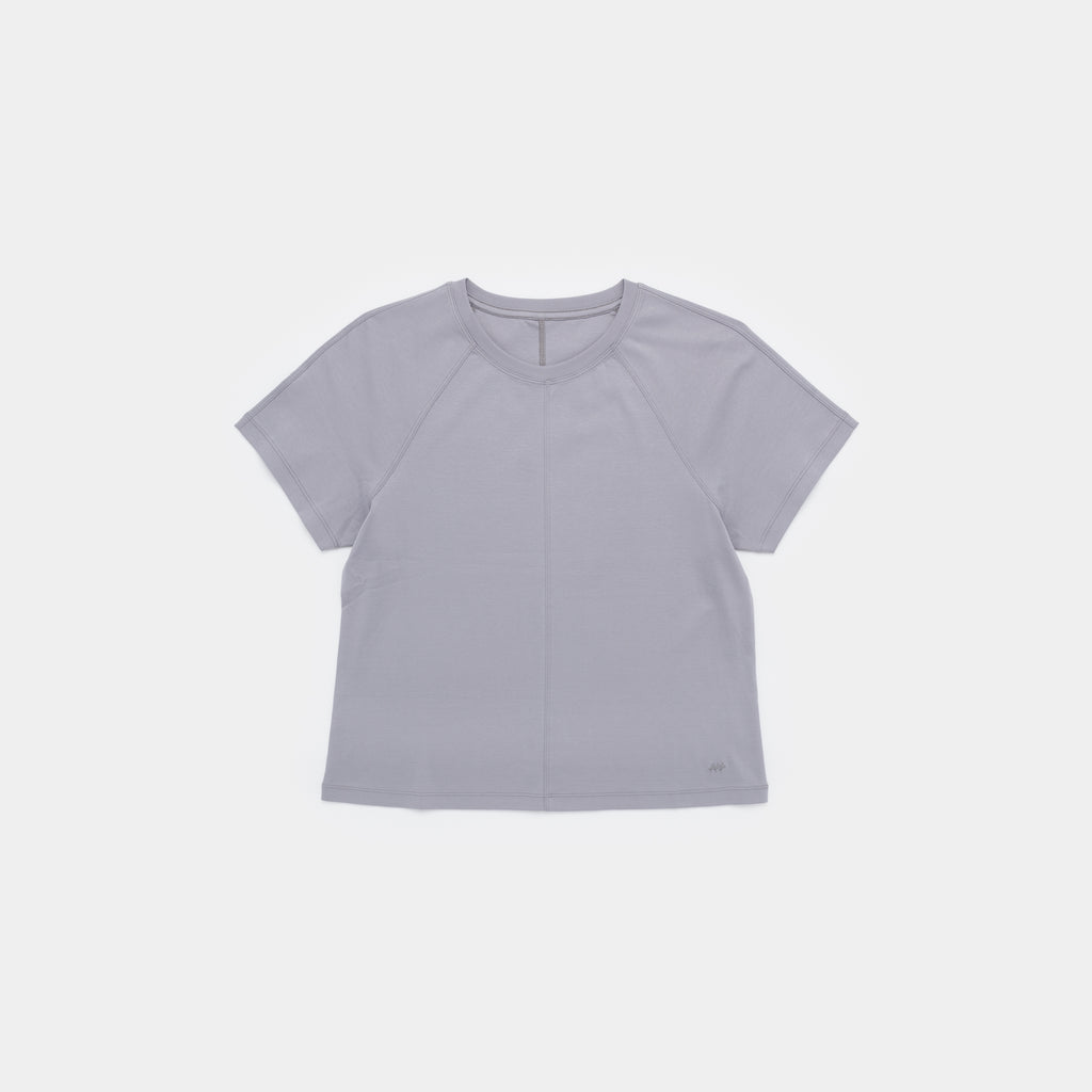 A light gray short-sleeve athletic t-shirt with raglan sleeves, laid flat against a light gray background.