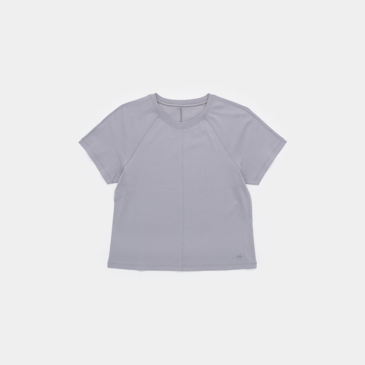 A light gray short-sleeve athletic t-shirt with raglan sleeves, laid flat against a light gray background.