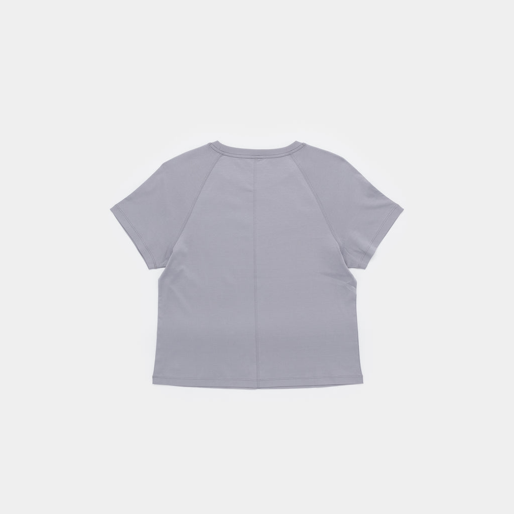 A light gray short-sleeve crop top shown from the back, featuring a central seam and raglan-style shoulder seams, on a solid off-white background.
