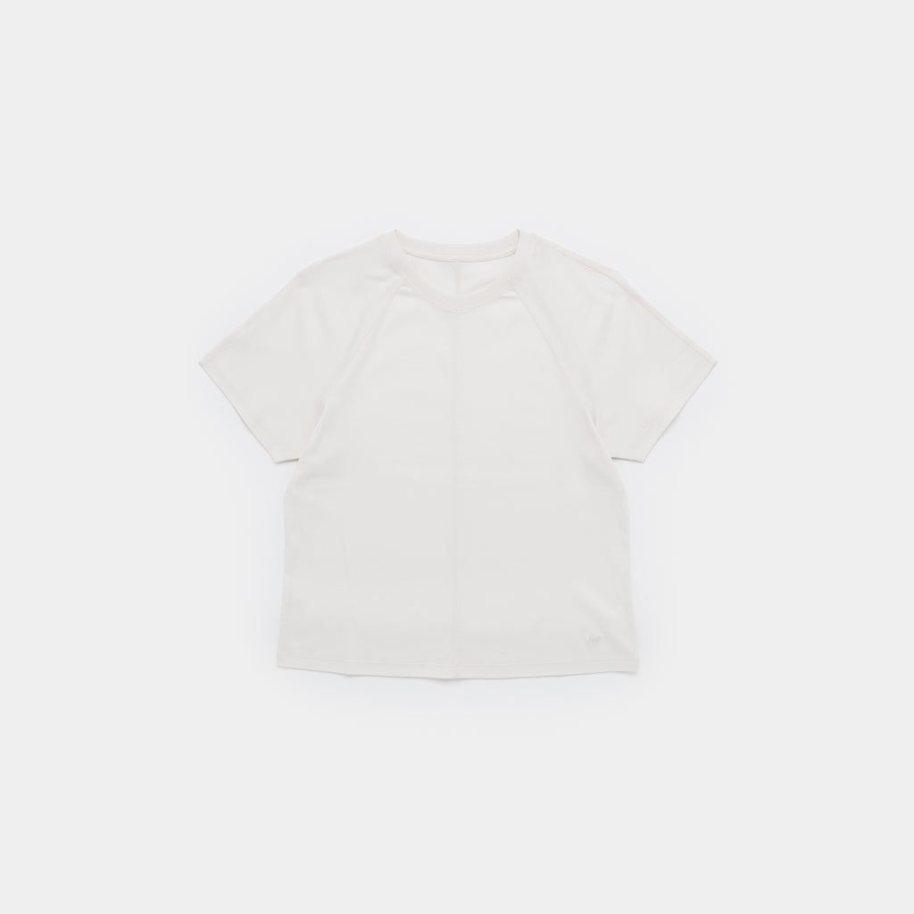 A short-sleeve crewneck t-shirt in off-white, laid flat against a solid white background.