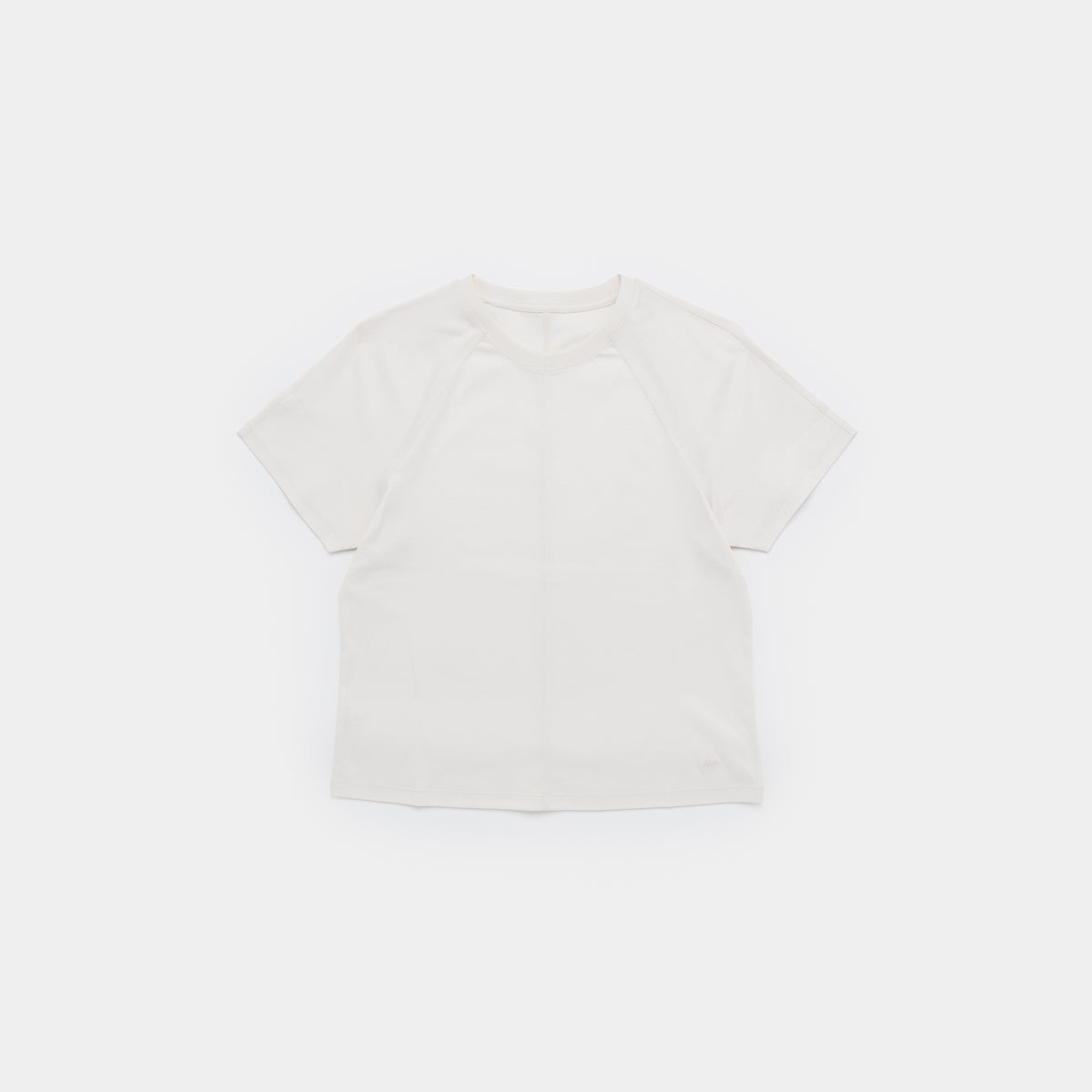 A short-sleeve crewneck t-shirt in off-white, laid flat against a solid white background.