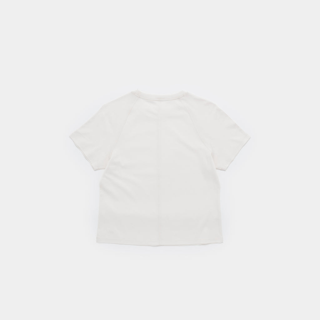 A short-sleeve crewneck t-shirt in off-white, shown from the back against a solid white background.