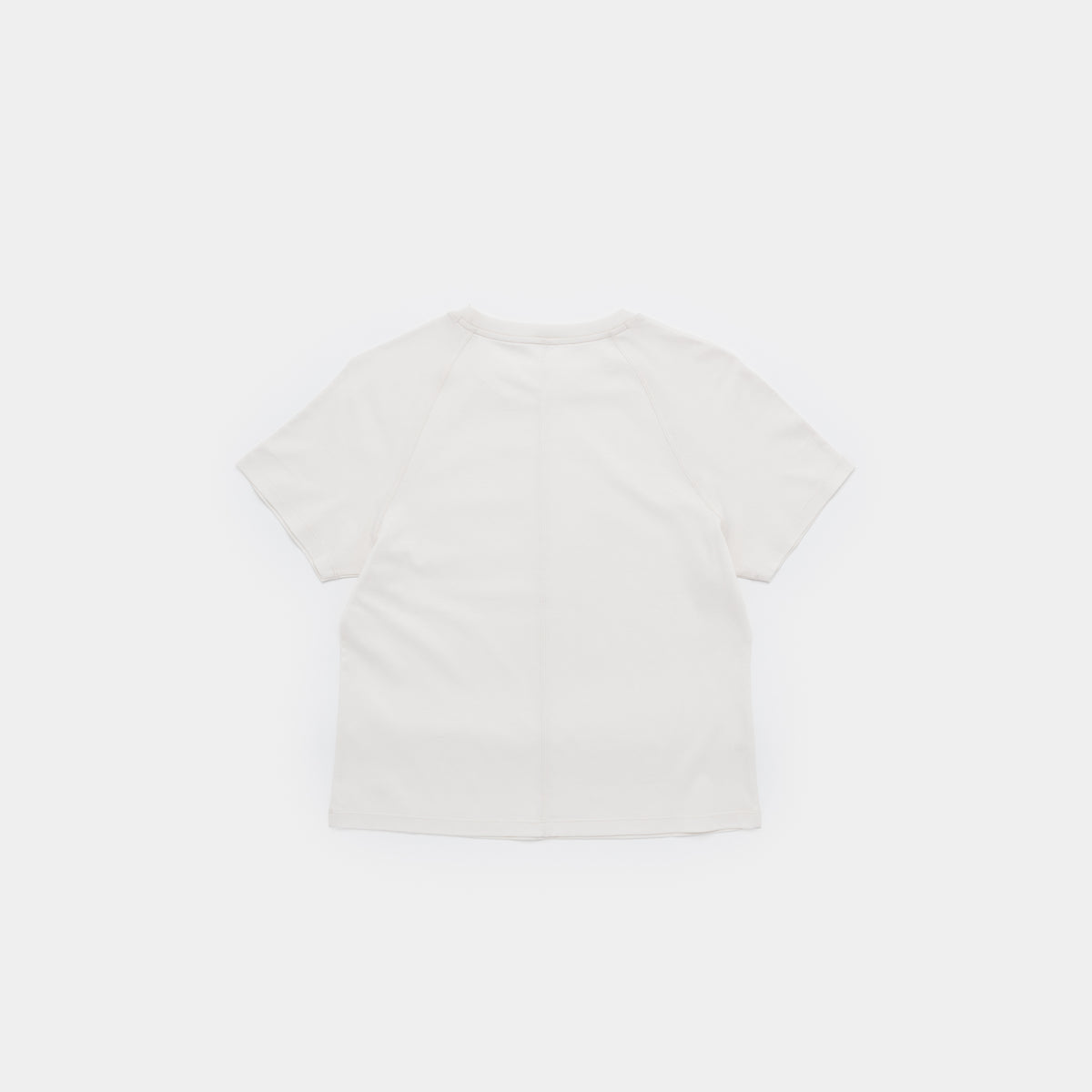 A short-sleeve crewneck t-shirt in off-white, shown from the back against a solid white background.