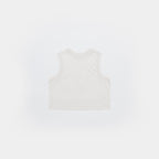 Cougar Milk | Back A sleeveless white crop top shown from the back, laid flat against a solid white background.