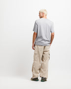 Chiseled Stone | On Model Full Back A man with platinum blonde hair is shown from behind wearing a light gray t-shirt, beige cargo pants, and dark sneakers against a plain white studio background.