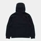 Ink Black | Back A black pullover hoodie shown from the back, featuring a high ribbed hood and cuffs, photographed against a light gray studio background.